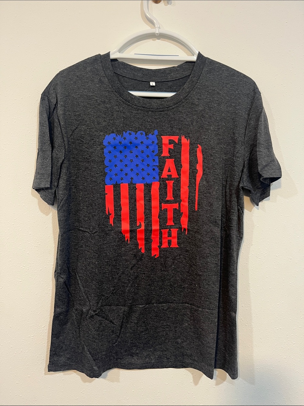 FAITH Flag Graphic Tee - Charcoal with Red & Blue size L